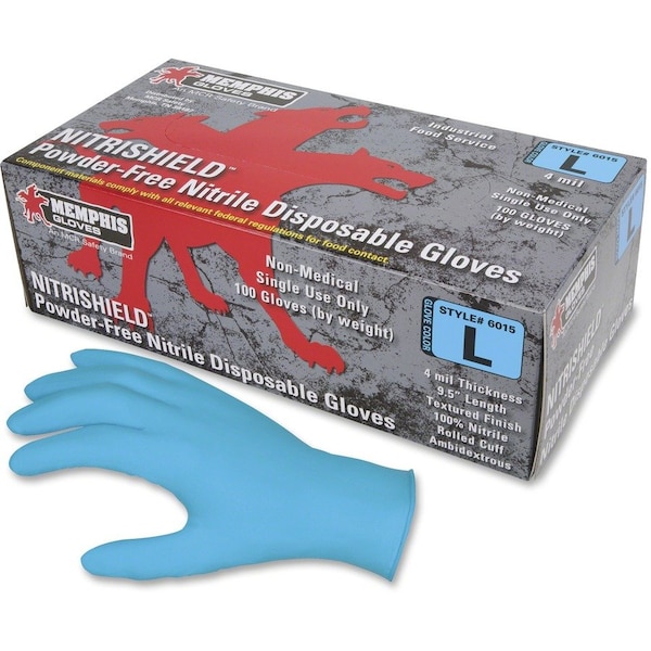 Mcr Safety Disposable Gloves, Nitrile, 4mil, PF, Textured, Lg, 100/BX, Blue MCSMPG6015L